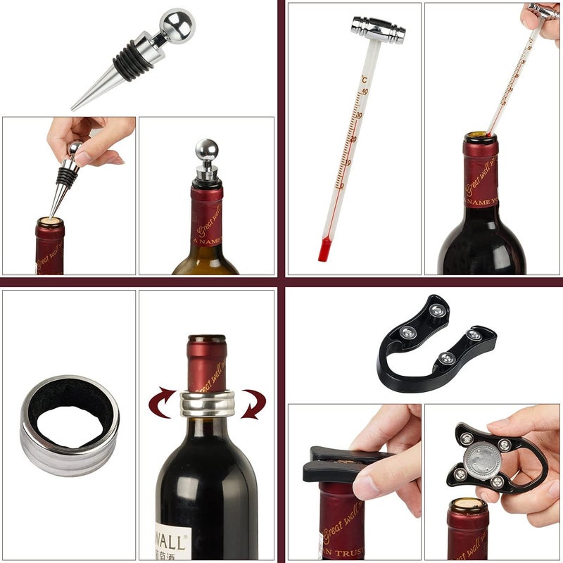 KENSOSO 9-Pieces Corkscrew Wine Opener Set, Stainless Steel Cork Screw Rabbit Wine Bottle Opener Kit Including Foil Cutter, Pourer, Vacuum Wine Stopper Corkscrews etc, Ideal Wine Sets Gifts for Women & Men - Image 4